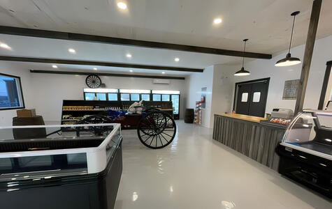 Trusscore wallandceilingboard installed on the walls and ceiling of butcher shop retail store